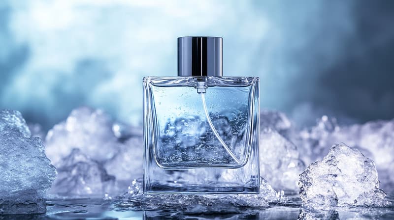 Luxe parfumfles tussen ijs — frisse designer geur